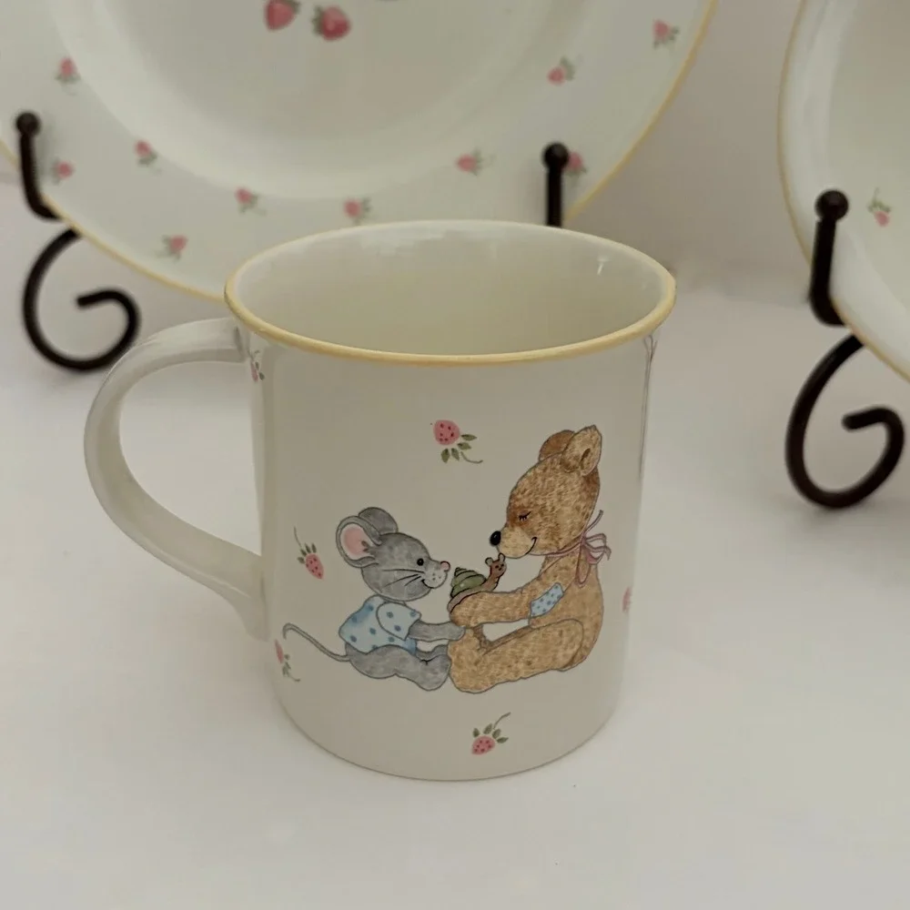 Vintage MIKASA Teddy Bear Plate Bowl Mug Set Strawberry Fruit Mouse Floral